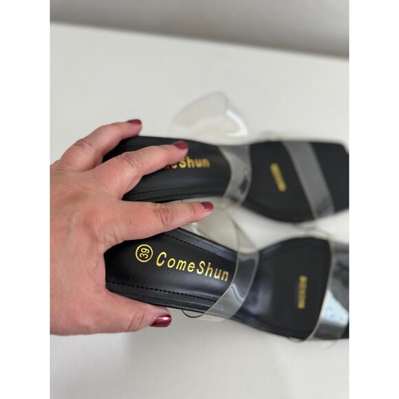 NWOT ComeShun Low Block Heels Mules Two Transparent Band Square Toe Pumps 8 - Picture 6 of 9